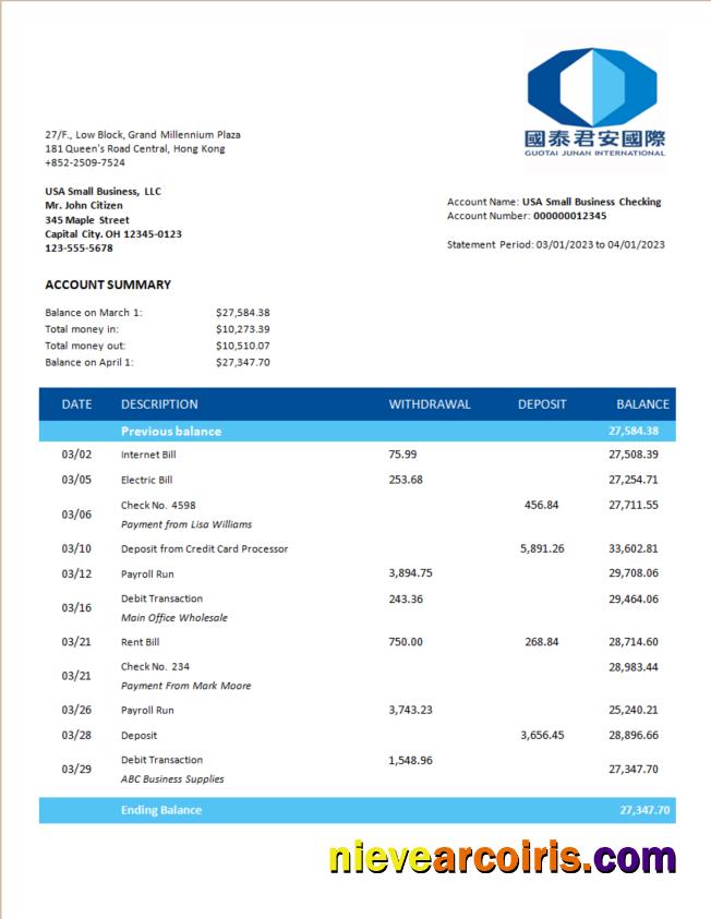 Guotai Junan Securities bank corporate checking account statement